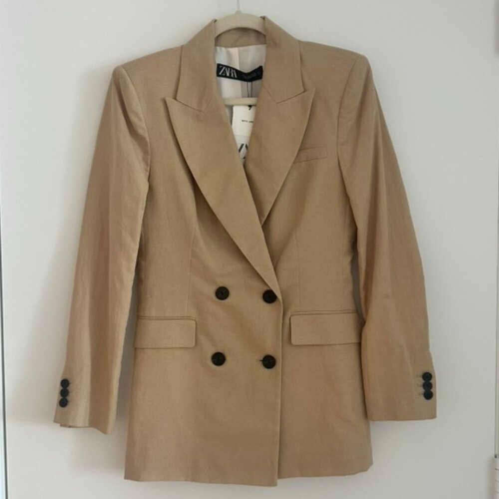 ZARA Linen Blend Double Breasted Blazer - Sand / S